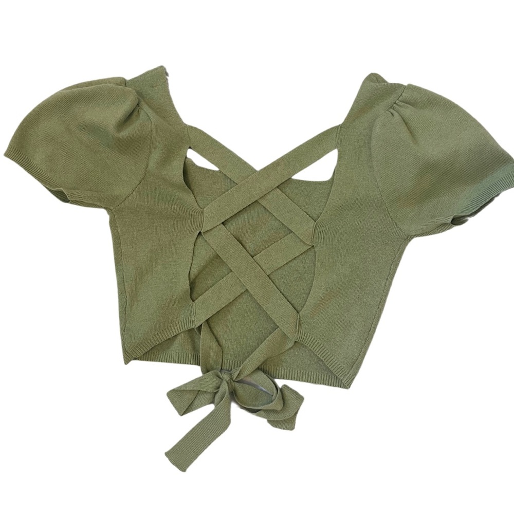 Promesa Bow Tie Back Crop Square Neck Green Top Medium